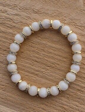 White Plated Quartz & Gold Rhinestone Beaded Bracelet